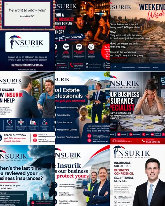 Insurik's Instagram grid before the setup: busy stock-photo posts packed with text, icons and contact details.